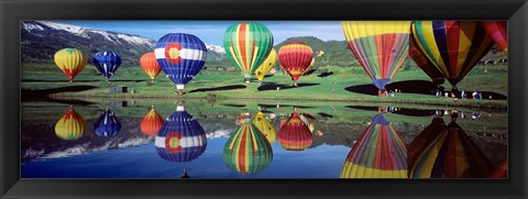 Framed Reflection Of Hot Air Balloons On Water, Colorado, USA Print