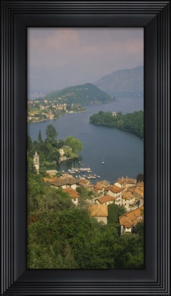 Framed High angle view of houses at the waterfront, Sala Comacina, Lake Como, Italy Print