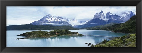 Framed Island in a lake, Lake Pehoe, Hosteria Pehoe, Cuernos Del Paine, Torres del Paine National Park, Patagonia, Chile Print