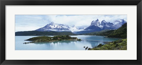 Framed Island in a lake, Lake Pehoe, Hosteria Pehoe, Cuernos Del Paine, Torres del Paine National Park, Patagonia, Chile Print