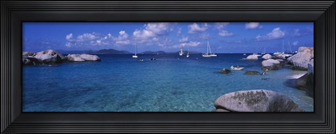 Framed Rocks at the coast with boats in the background, The Baths, Virgin Gorda, British Virgin Islands Print
