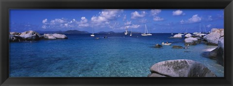 Framed Rocks at the coast with boats in the background, The Baths, Virgin Gorda, British Virgin Islands Print