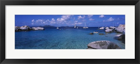 Framed Rocks at the coast with boats in the background, The Baths, Virgin Gorda, British Virgin Islands Print