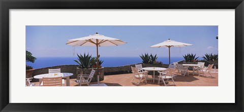 Framed Patio umbrellas in a cafe, Positano, Amalfi Coast, Salerno, Campania, Italy Print