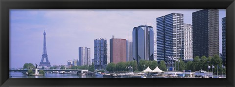 Framed Skyscrapers at the waterfront with a tower in the background, Seine River, Eiffel Tower, Paris, Ile-De-France, France Print