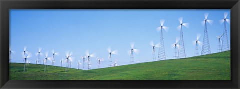 Framed Wind turbines spinning on hills, Altamont Pass, Livermore, California, USA Print