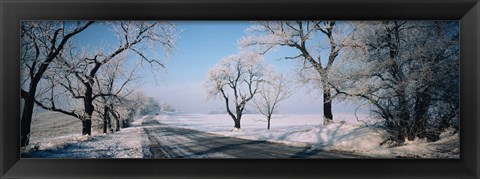 Framed Road passing through winter fields, Illinois, USA Print