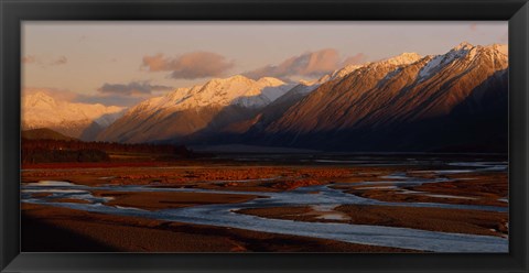 Framed River along mountains, Rakaia River, Canterbury Plains, South Island, New Zealand Print