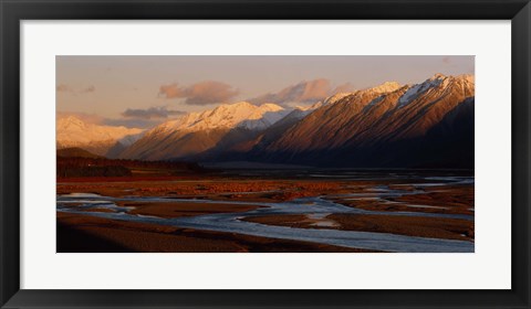 Framed River along mountains, Rakaia River, Canterbury Plains, South Island, New Zealand Print