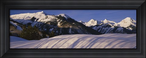 Framed Mountains covered with snow, Snowmass Mountain on left, Capitol Peak on right, Elk Mountains, Snowmass Village, Colorado, USA Print