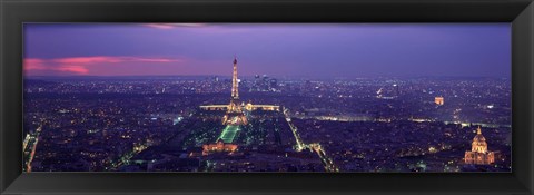 Framed Aerial view of a city at twilight, Eiffel Tower, Paris, Ile-de-France, France Print