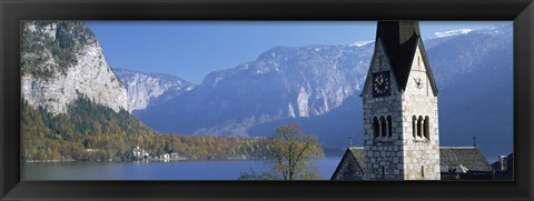 Framed Church at the lakeside, Hallstatt, Salzkammergut, Austria Print