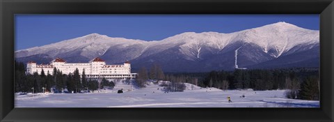 Framed Hotel near snow covered mountains, Mt. Washington Hotel Resort, Mount Washington, Bretton Woods, New Hampshire, USA Print