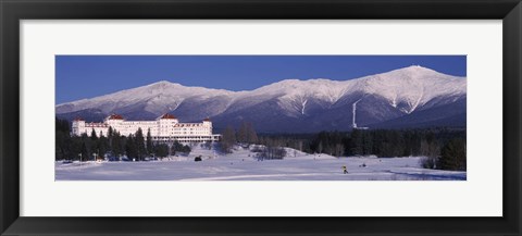 Framed Hotel near snow covered mountains, Mt. Washington Hotel Resort, Mount Washington, Bretton Woods, New Hampshire, USA Print