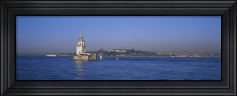 Framed Lighthouse in the sea with mosque in the background, Leander&#39;s Tower, Blue Mosque, Istanbul, Turkey Print