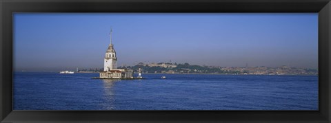 Framed Lighthouse in the sea with mosque in the background, Leander&#39;s Tower, Blue Mosque, Istanbul, Turkey Print