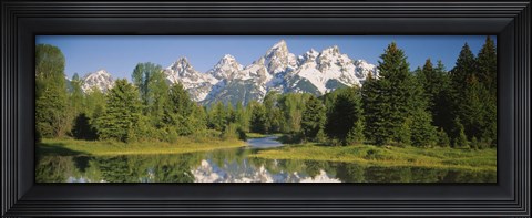 Framed Reflection of a snowcapped mountain in water, Near Schwabachers Landing, Grand Teton National Park, Wyoming, USA Print