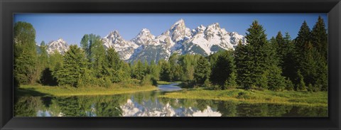 Framed Reflection of a snowcapped mountain in water, Near Schwabachers Landing, Grand Teton National Park, Wyoming, USA Print