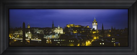 Framed High angle view of a city lit up at night, Edinburgh Castle, Edinburgh, Scotland Print