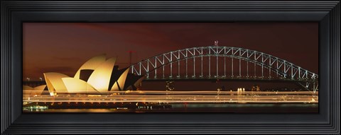 Framed Opera house lit up at night with light streaks, Sydney Harbor Bridge, Sydney Opera House, Sydney, New South Wales, Australia Print