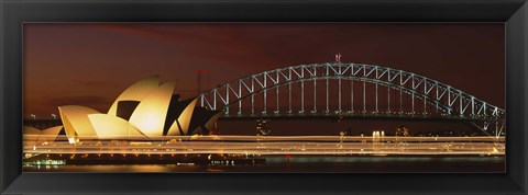 Framed Opera house lit up at night with light streaks, Sydney Harbor Bridge, Sydney Opera House, Sydney, New South Wales, Australia Print