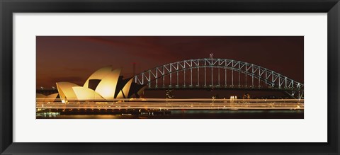 Framed Opera house lit up at night with light streaks, Sydney Harbor Bridge, Sydney Opera House, Sydney, New South Wales, Australia Print