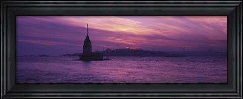 Framed Lighthouse in the sea with mosque in the background, St. Sophia, Leander&#39;s Tower, Blue Mosque, Istanbul, Turkey Print