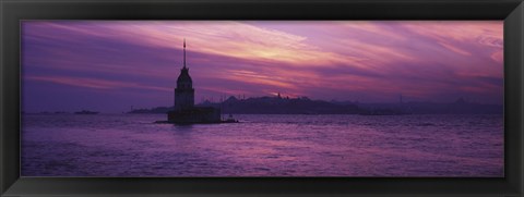 Framed Lighthouse in the sea with mosque in the background, St. Sophia, Leander&#39;s Tower, Blue Mosque, Istanbul, Turkey Print