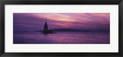 Framed Lighthouse in the sea with mosque in the background, St. Sophia, Leander&#39;s Tower, Blue Mosque, Istanbul, Turkey Print