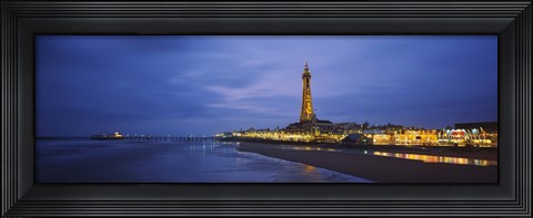 Framed Buildings lit up at dusk, Blackpool Tower, Blackpool, Lancashire, England Print