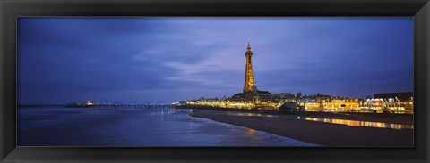 Framed Buildings lit up at dusk, Blackpool Tower, Blackpool, Lancashire, England Print
