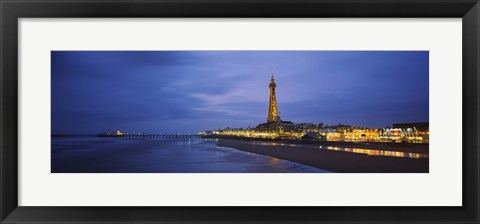 Framed Buildings lit up at dusk, Blackpool Tower, Blackpool, Lancashire, England Print