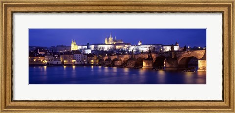 Framed Bridge across a river lit up at night, Charles Bridge, Vltava River, Prague, Czech Republic Print