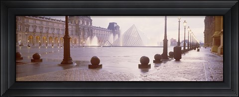 Framed Street lights lit up at dawn, Louvre Pyramid, Musee Du Louvre, Paris, France Print
