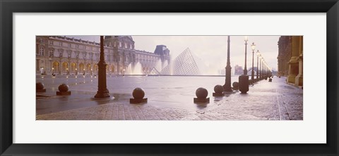 Framed Street lights lit up at dawn, Louvre Pyramid, Musee Du Louvre, Paris, France Print