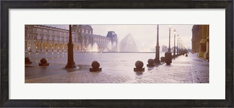 Framed Street lights lit up at dawn, Louvre Pyramid, Musee Du Louvre, Paris, France Print
