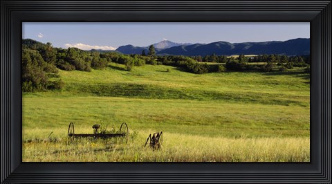 Framed Agricultural equipment in a field, Pikes Peak, Larkspur, Colorado, USA Print