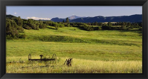 Framed Agricultural equipment in a field, Pikes Peak, Larkspur, Colorado, USA Print