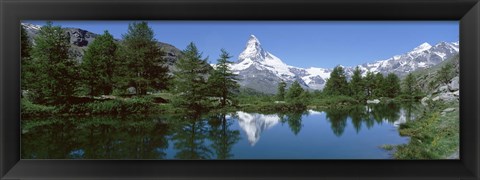 Framed Reflection of a mountain in a lake, Matterhorn, Riffelsee Lake, Pennine Alps, Zermatt, Valley, Switzerland Print