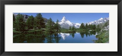 Framed Reflection of a mountain in a lake, Matterhorn, Riffelsee Lake, Pennine Alps, Zermatt, Valley, Switzerland Print