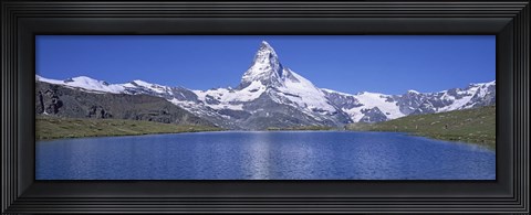 Framed Panoramic View Of A Snow Covered Mountain By A Lake, Matterhorn, Zermatt, Switzerland Print