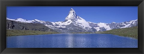 Framed Panoramic View Of A Snow Covered Mountain By A Lake, Matterhorn, Zermatt, Switzerland Print