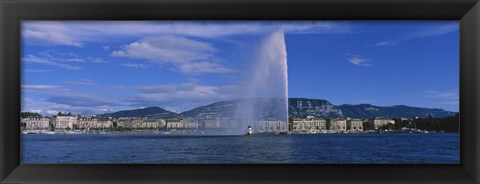 Framed Fountain in front of buildings, Jet D&#39;eau, Geneva, Switzerland Print