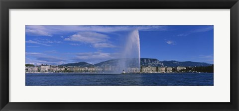 Framed Fountain in front of buildings, Jet D&#39;eau, Geneva, Switzerland Print