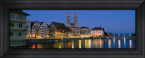 Framed Buildings at the waterfront, Grossmunster Cathedral, Zurich, Switzerland Print