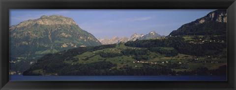 Framed Houses on mountains, Schwyz, Canton Of Schwyz, Switzerland Print
