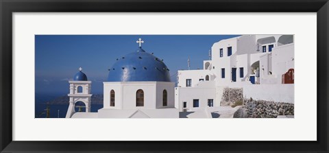Framed Greece, Santorini, Fira, Church of Anastasis, Blue dome on a Church Print