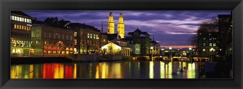 Framed Reflection of night lights in River Limmat Zurich Switzerland Print