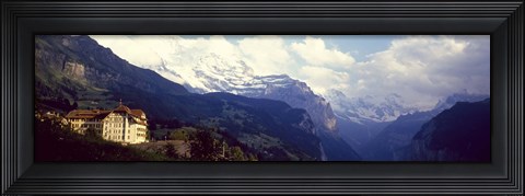 Framed Hotel with mountain range in the background, Swiss Alps, Switzerland Print