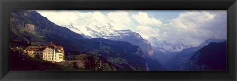 Framed Hotel with mountain range in the background, Swiss Alps, Switzerland Print